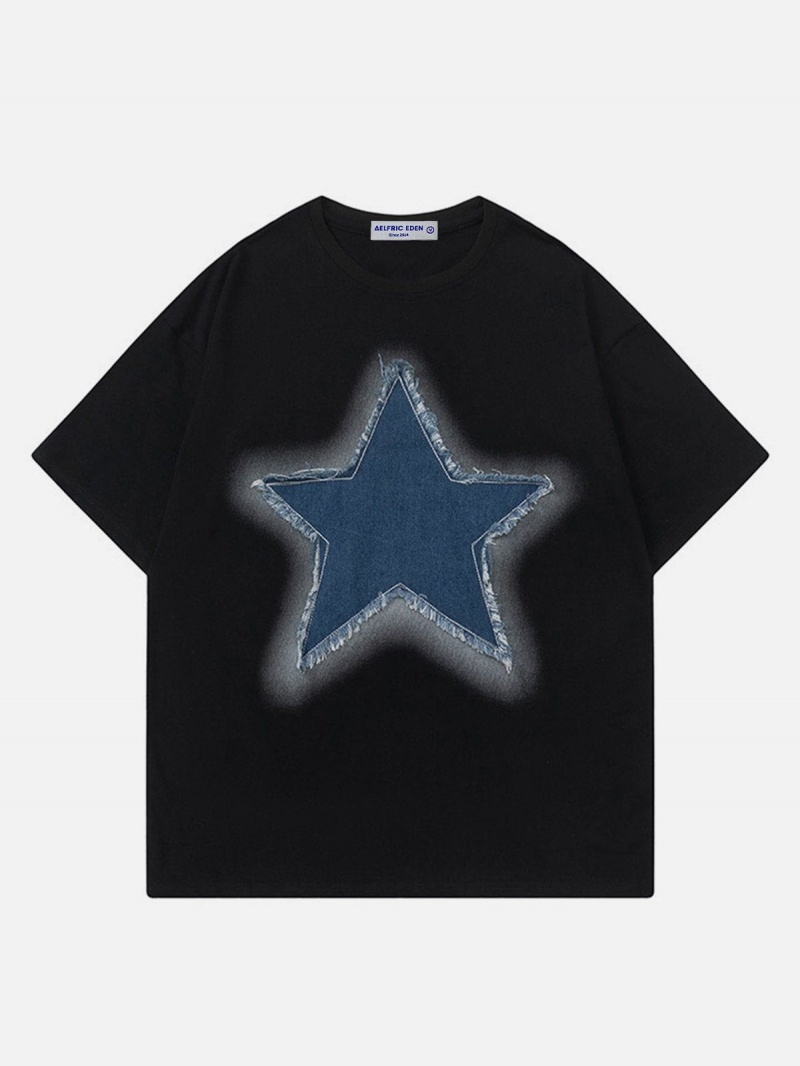 T Shirts Aelfric Eden Embroidery Denim Star Tee Grise Vert | CNM-80574835